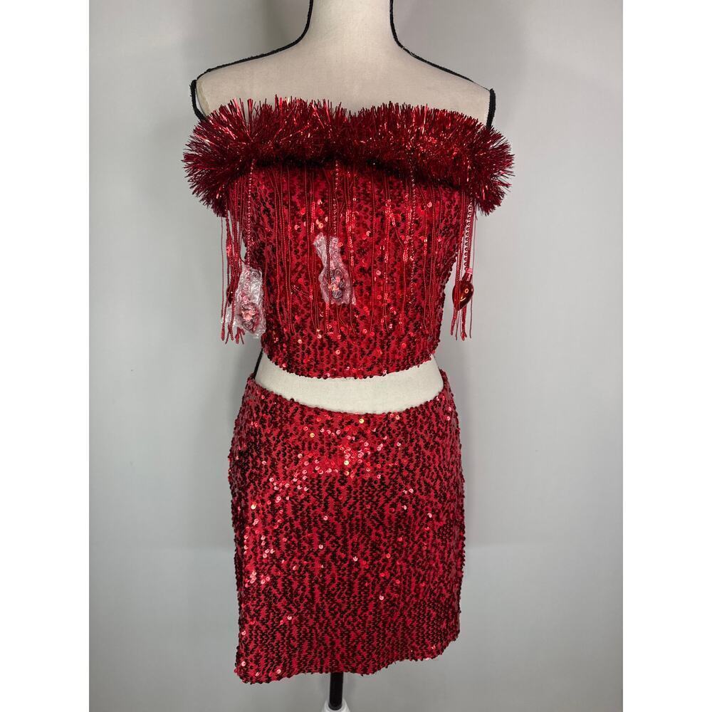 Love On A Hanger Red Sequin Tinsel‎ Crop Top & Skirt Women's Medium NWT